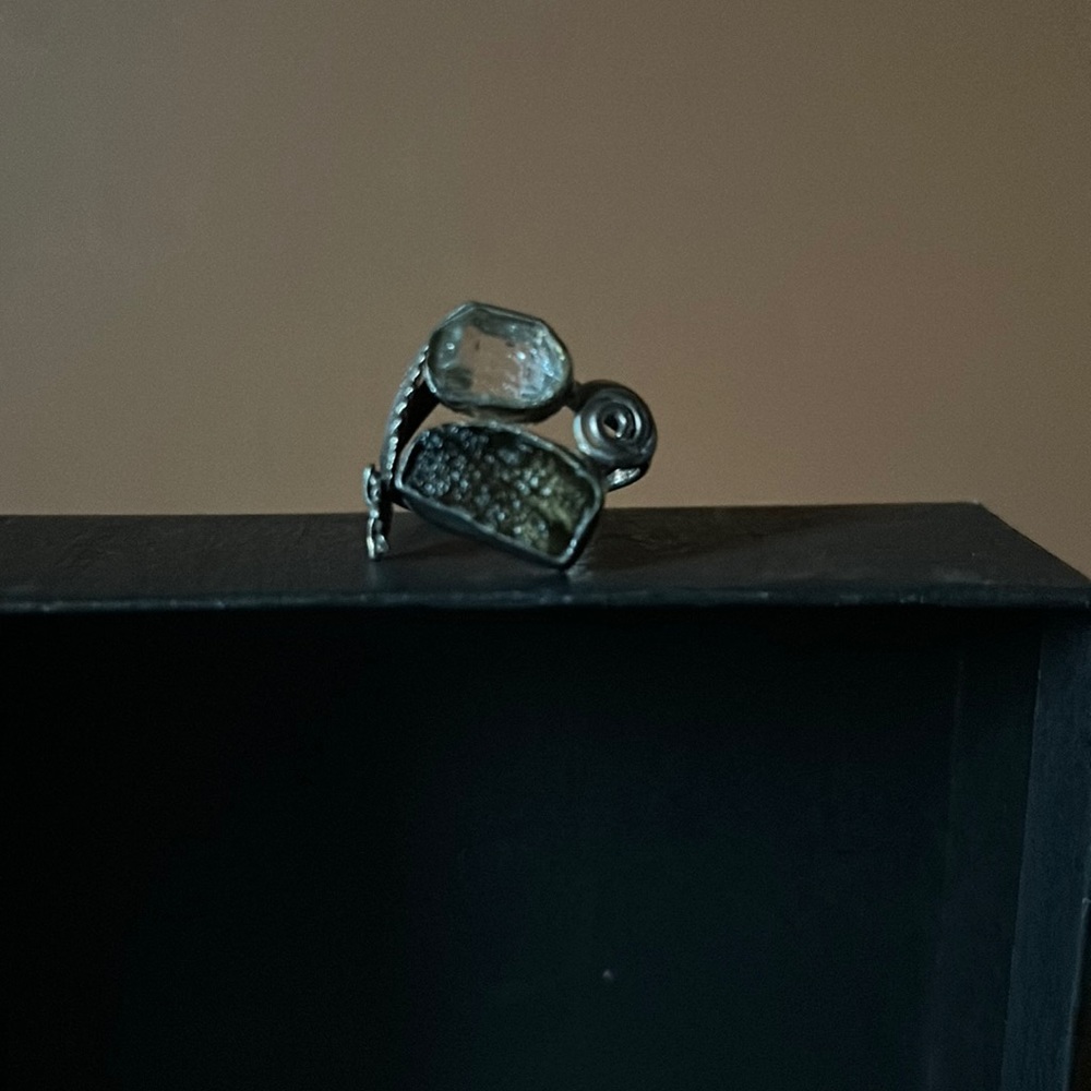 Antique Herkimer Diamond and Moldavite Ring -Size 8